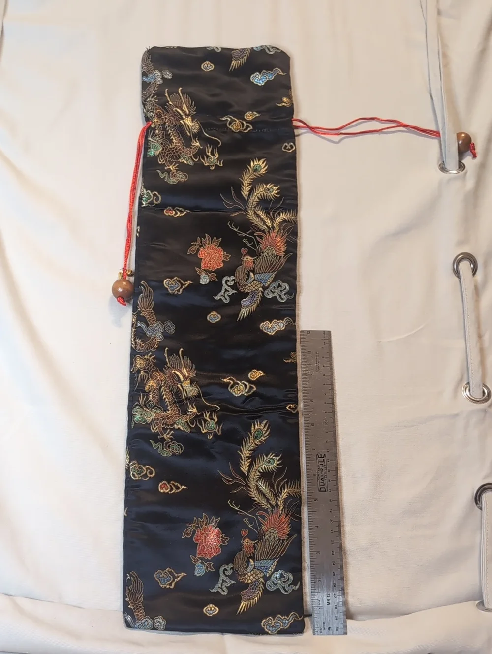 Silk Embroidered Black Drawstring Long Pouch